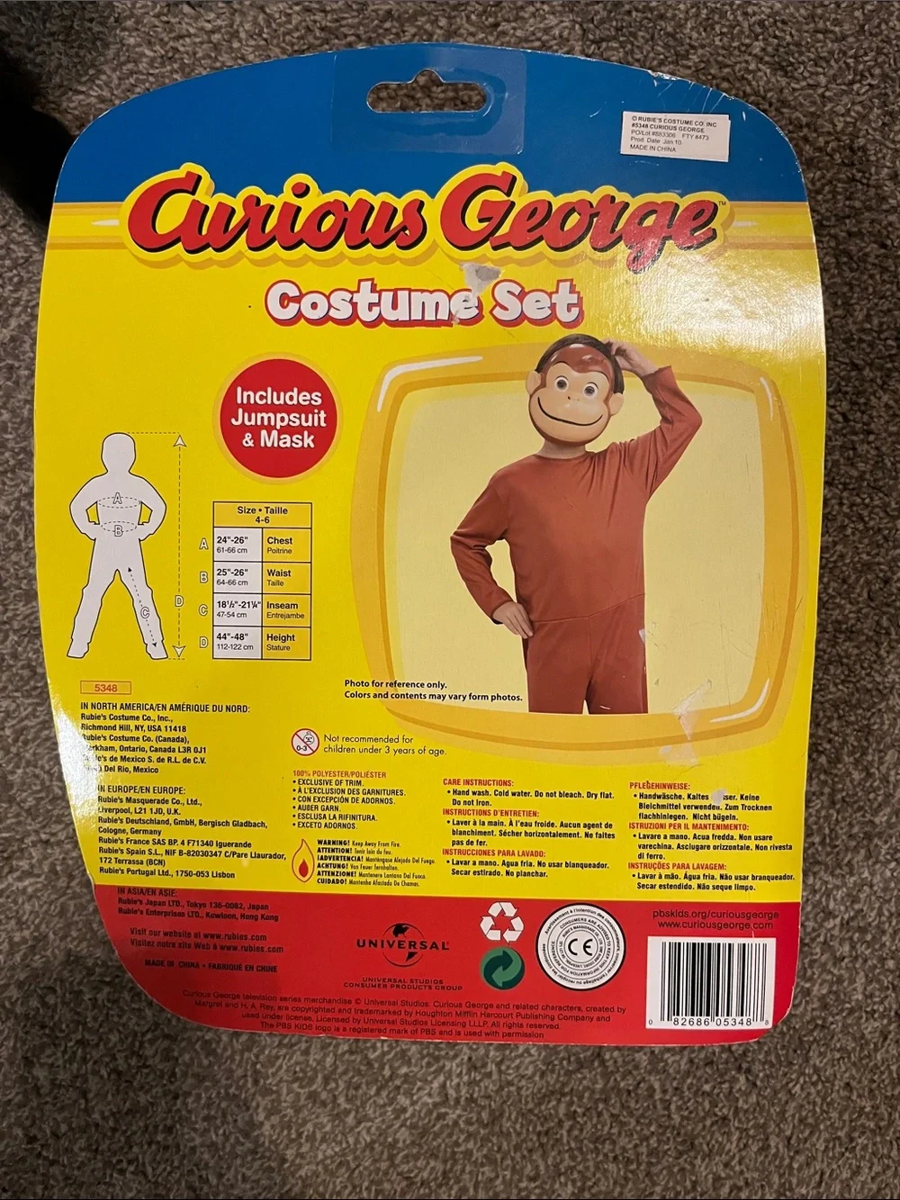 Vintage 2000 New Curious George Costume Set Mask Yellow Brown Monkey 4-6 Rubies